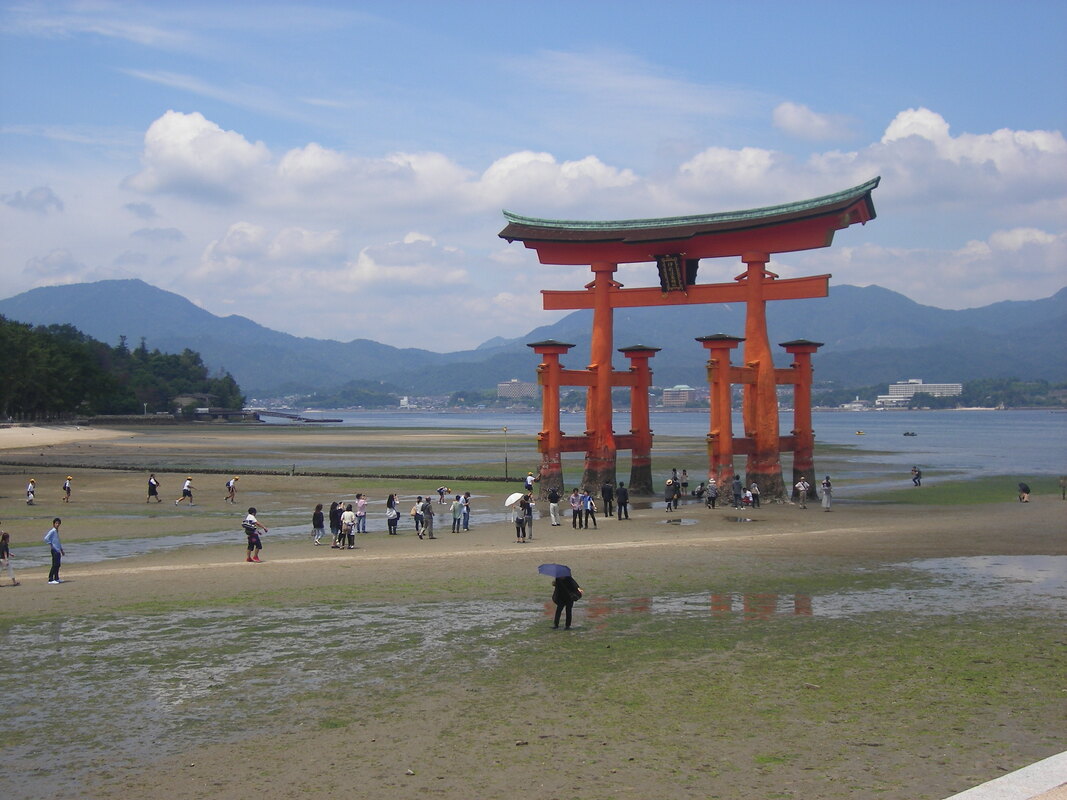 Miyajima's famous "floating" torii gate at low-tide