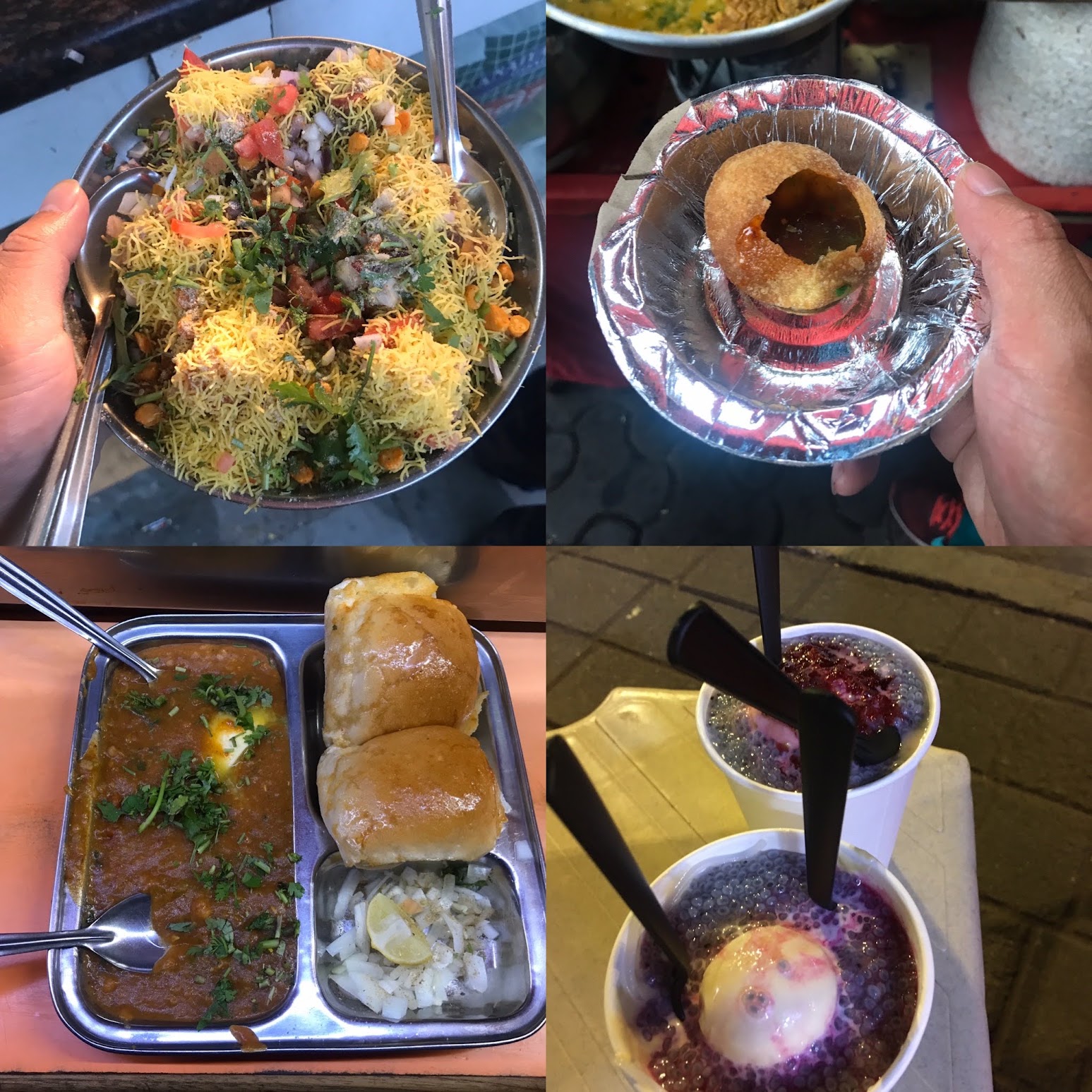 Sev puri, a crispy deep-fried bread loaded with diced potatoes, onions, and chutneys.