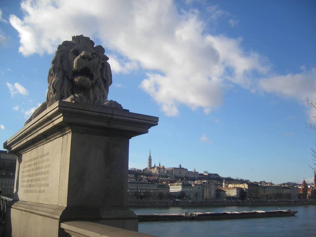 One of the famous stone lions of the Chain Bridge.