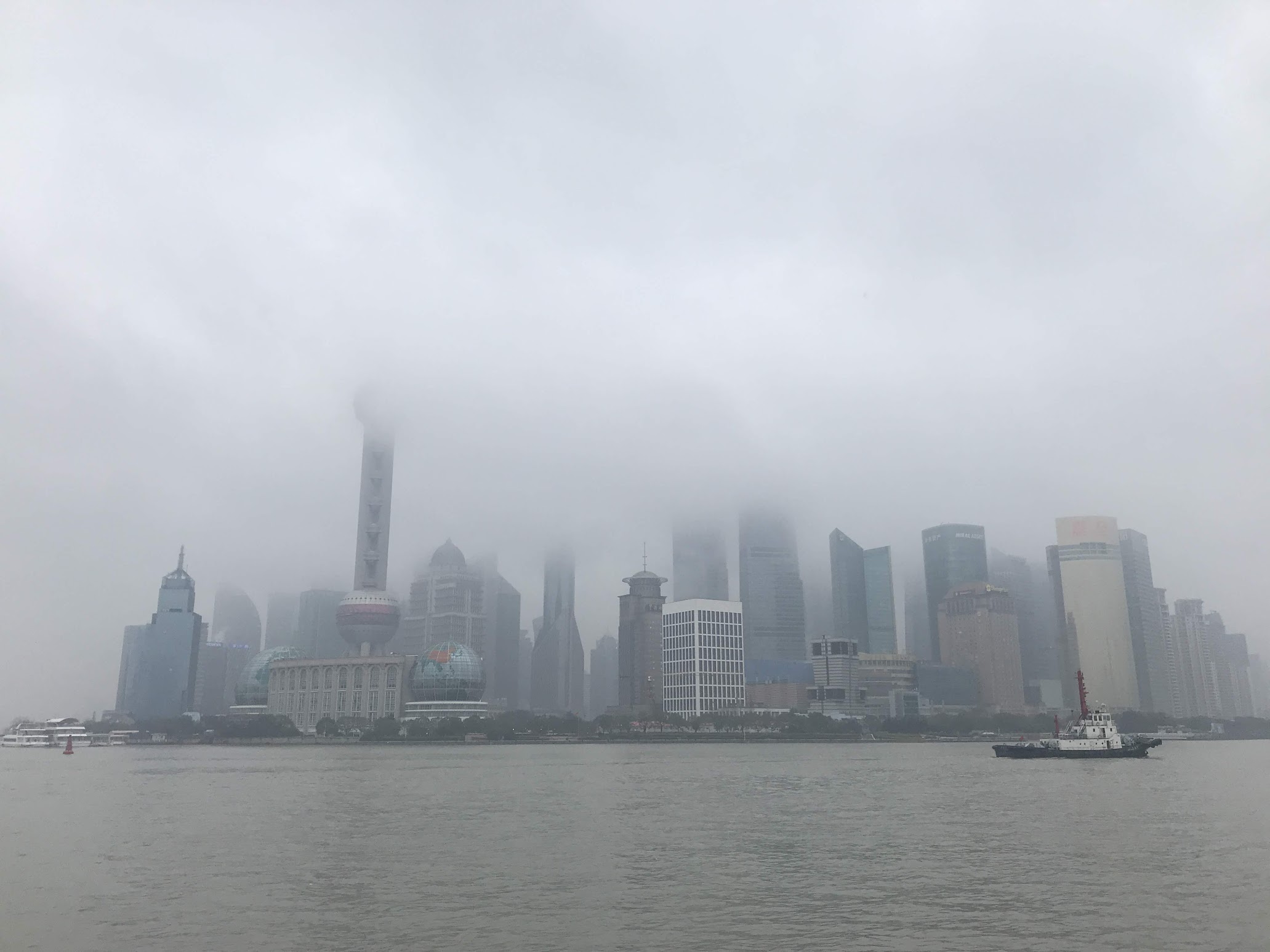 A misty view of Pudong from The Bund